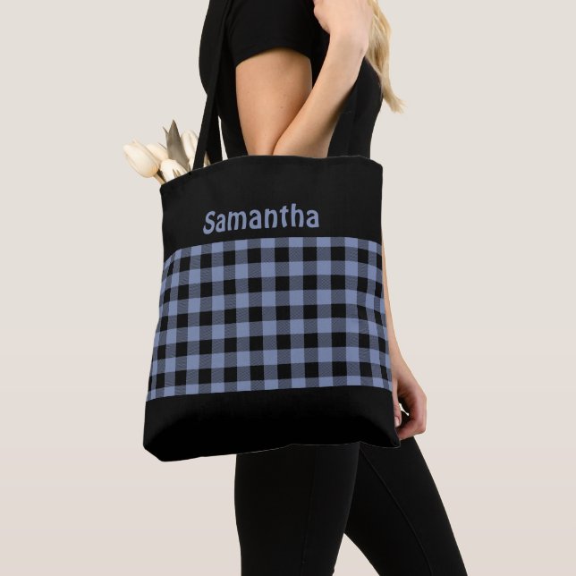 Bolso De Tela Elegante Monograma Negro y Azul Plaid Búfalo de Mo (Detalle)