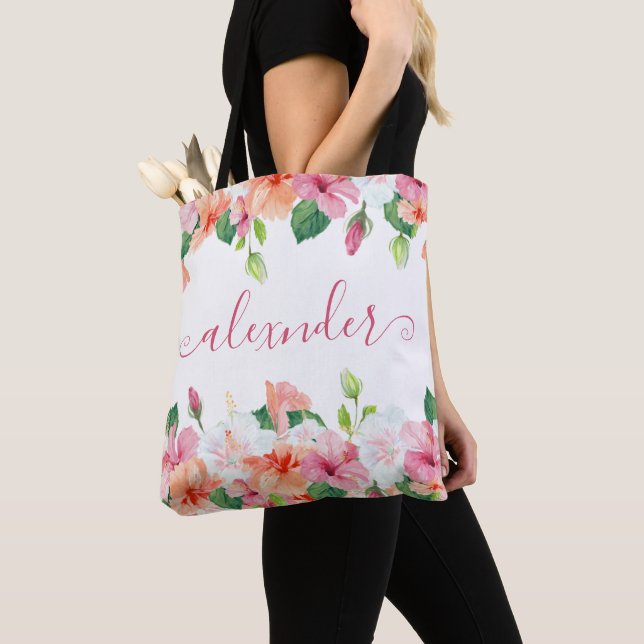 Bolso De Tela Elegante Monograma nombre acuarela tropical floral (Detalle)