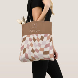 Bolso De Tela Elegante Monograma Personalizado de Cuadros Neutro