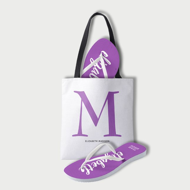 Bolso De Tela Elegante Monograma púrpura (Elegant purple monogram and name tote bag (flip flops sold separately in our store.))