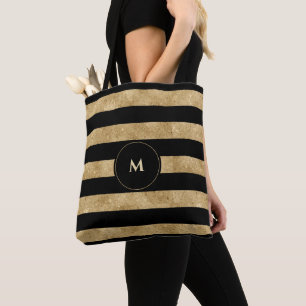 Bolso De Tela Elegante Monograma rayado Purpurina de oro negro