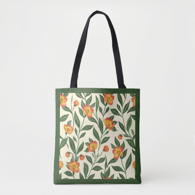 Bolso De Tela Elegante Naranja Cuto  Botánico Floral (Anverso)