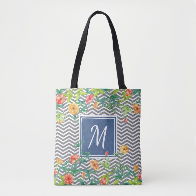 Bolso De Tela Elegante Naranja Floral Chevron Moda Azul Monogram (Anverso)