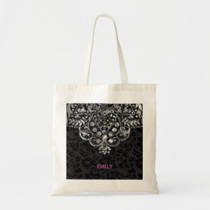 Bolso De Tela Elegante negro Damask Silver Metallage Lace
