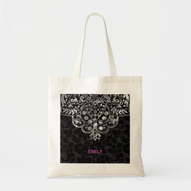 Bolso De Tela Elegante negro Damask Silver Metallage Lace (Frente)