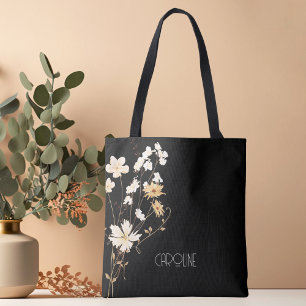 Bolso De Tela Elegante Negro Floral Boho Lindo Con Estilo