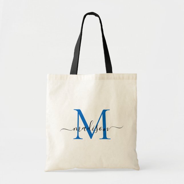 Bolso De Tela Elegante nombre de guión monograma azul marino mod (Frente)