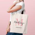 Bolso De Tela Elegante nombre de la dama de honor de la boda per<br><div class="desc">La elegante bolsa de tocador de boda personalizada presenta un diseño de tipografía monográfica personalizada con el nombre moderno de escritura caligráfica y el monograma serif inicial en colores brillantes rosa y negro. Incluye texto personalizado para un título de la fiesta nupcial como "BRIDESMAID" u otro texto preferido.</div>