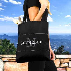 Bolso De Tela Elegante Nombre de Monograma Plata Negro Personali