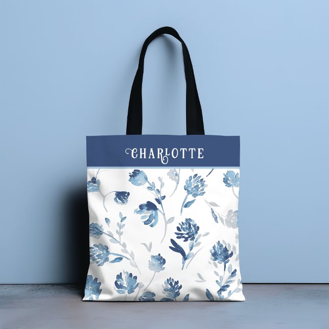 Bolso De Tela Elegante nombre personalizado botánico floral azul (Subido por el creador)