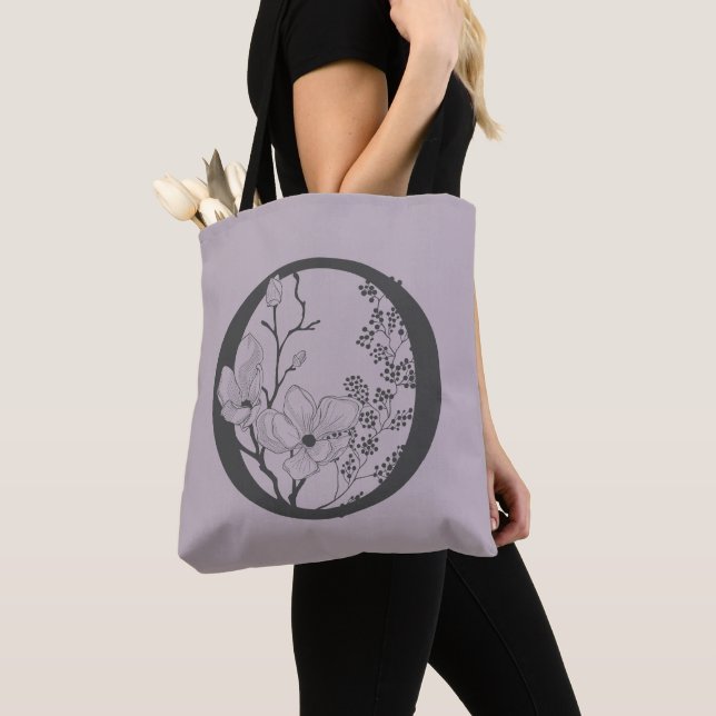Bolso De Tela Elegante O Boho Floral Monograma Lilac Gris Inicia (Detalle)