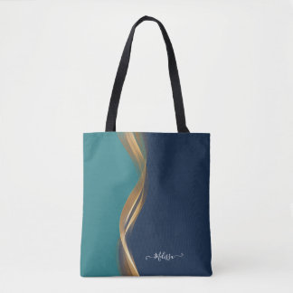 Bolso De Tela Elegante Ola de Oro Azul Verde azulado con nombre
