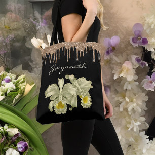 Bolso De Tela Elegante Orquídeas Blancas Purpurina de oro Gotas 