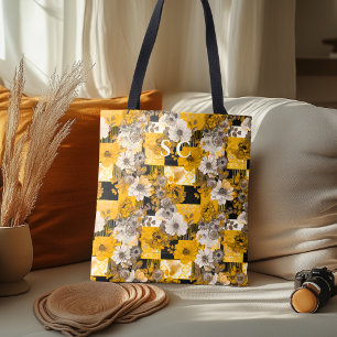 Bolso De Tela Elegante parches florales con amarillo, gris y neg