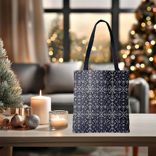 Bolso De Tela Elegante patrón de copos de nieve plateados y azul