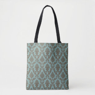 Bolso De Tela Elegante patrón de damasco en aqua y chocolate   V