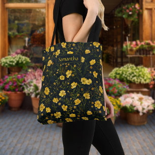Bolso De Tela Elegante patrón de flor de mariposa amarillo