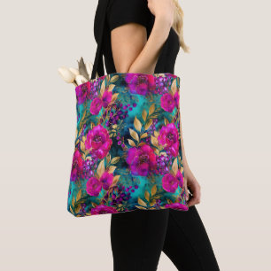 Bolso De Tela Elegante patrón de flores de acuarela púrpura y ve