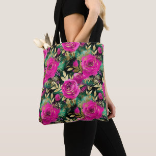 Bolso De Tela Elegante patrón de flores en púrpura y azul turque