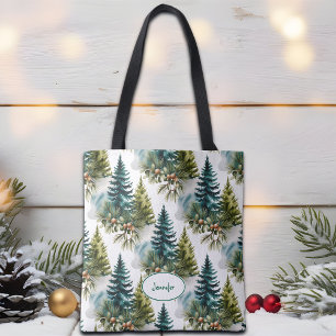 Bolso De Tela Elegante patrón de pino acuarela invierno