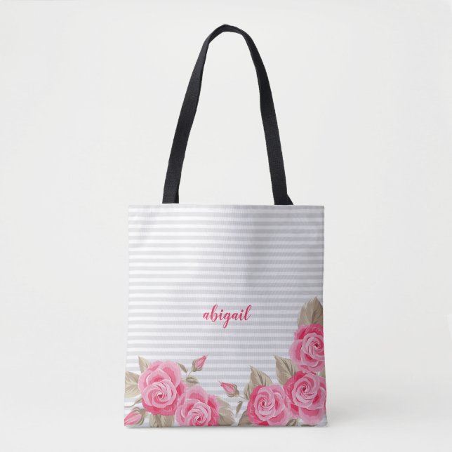 Bolso De Tela Elegante Patrón de rayas rosadas y Rosas (Anverso)