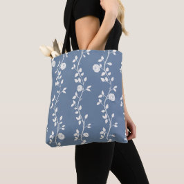 Bolso De Tela Elegante patrón de vid floral blanco azul polvorie