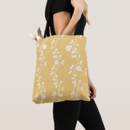 Bolso De Tela Elegante patrón de vid floral blanco Mostaza Amari