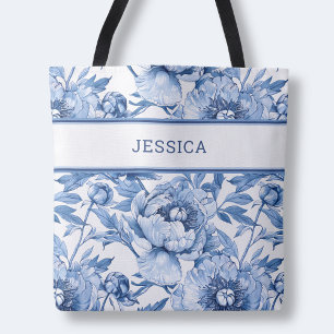 Bolso De Tela Elegante patrón floral azul, flores botánicas lind