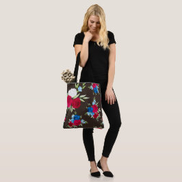 Bolso De Tela Elegante patrón floral rojo azul sobre marrón oscu