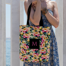 Bolso De Tela Elegante Peony acuarela sobre el Monograma Negro