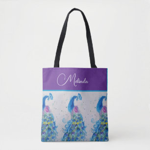 Bolso De Tela Elegante Pintado Azul de color de agua de pavo rea