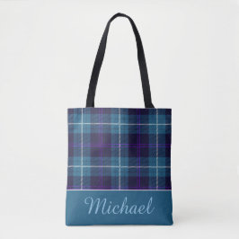 Bolso De Tela Elegante Plaid Azul Tartán con Nombre Personalizad