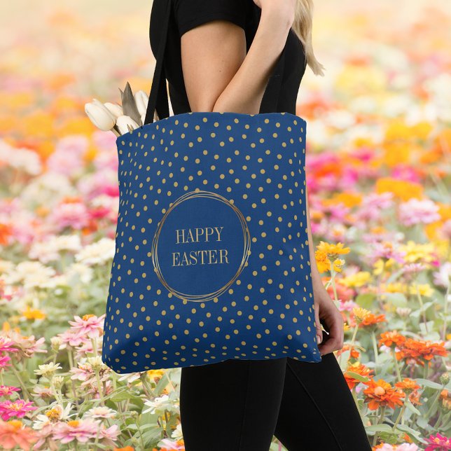 Bolso De Tela Elegante Polka Dots Christian Happy Easter Egg Hun (Elegant Blue Gold Polka Dots Christian Catholic Happy Easter Egg Hunt Tote Bag)