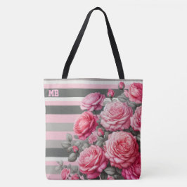 Bolso De Tela Elegante rayado rosa y gris con rosas