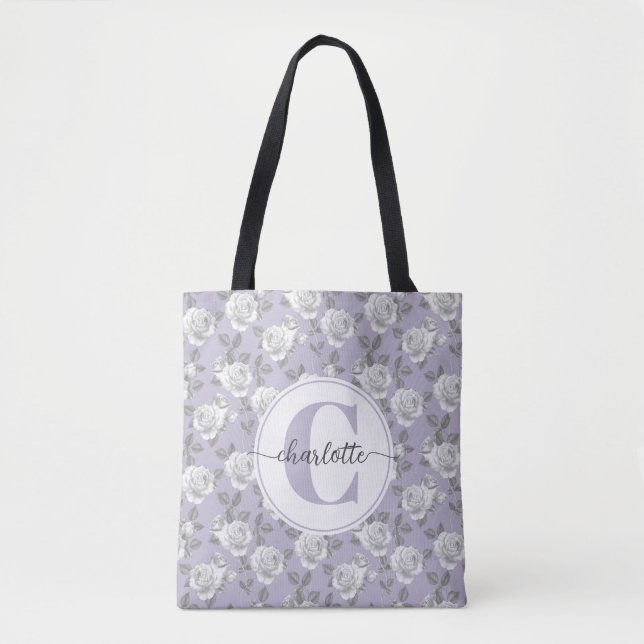 Bolso De Tela Elegante Rosa Jardín Monograma Lavanda (Anverso)