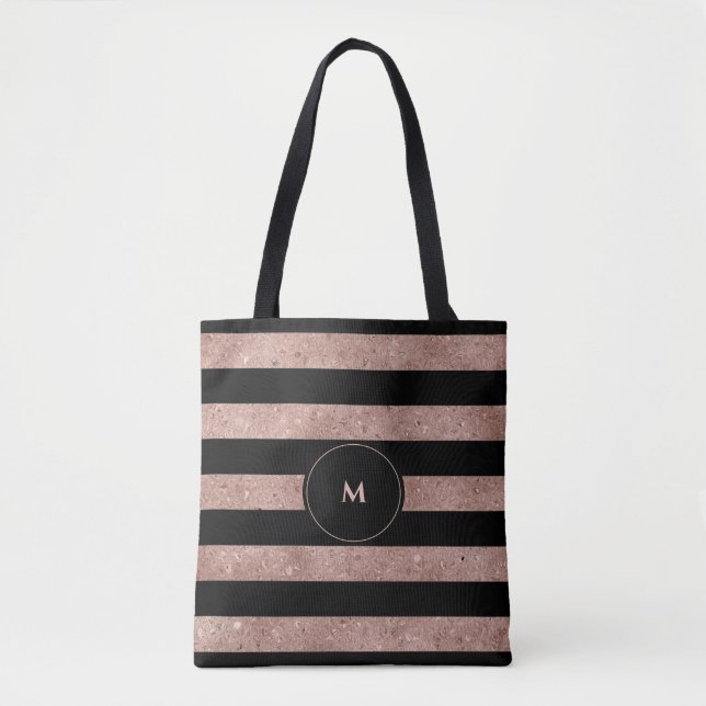 Bolso De Tela Elegante Rosa negro Purpurina oro a rayas Monogram (Anverso)
