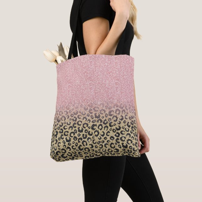Bolso De Tela Elegante Rosa Purpurina dorado Leopardo negro (Detalle)