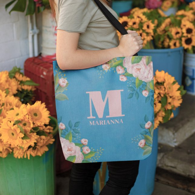 Bolso De Tela Elegante rosa rosa rosado Monograma simple Floral (Subido por el creador)
