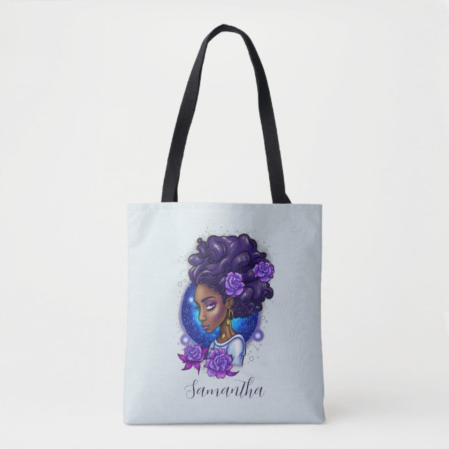 Bolso De Tela Elegante Rosas púrpuras afromujer (Anverso)