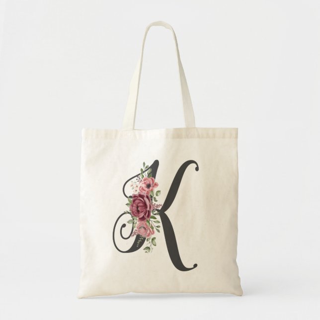 Bolso De Tela Elegante Rubor y Borgoña Monograma Floral Inicial (Frente)