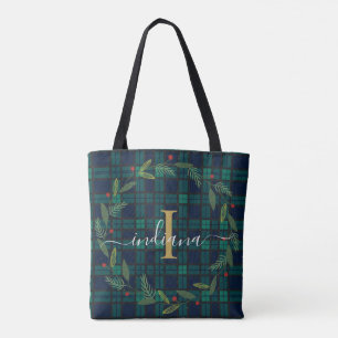 Bolso De Tela Elegante Rústico Monograma Guión Wreath Tartán