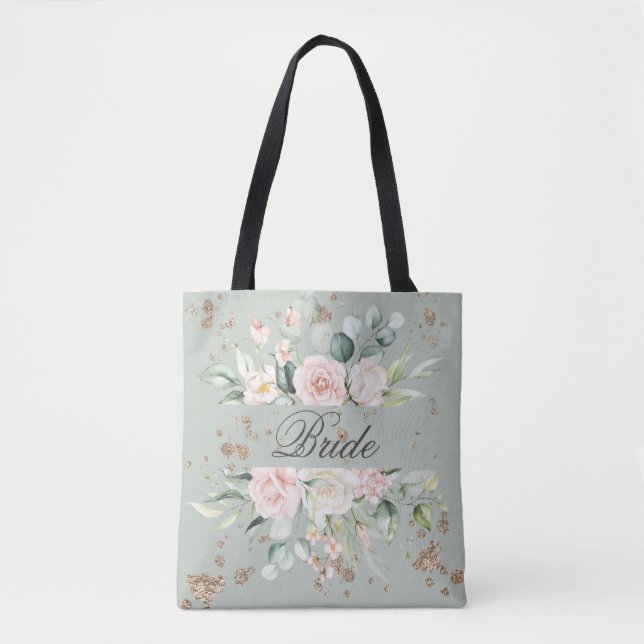 Bolso De Tela Elegante Salto de acuarela de novia dorada floral (Anverso)