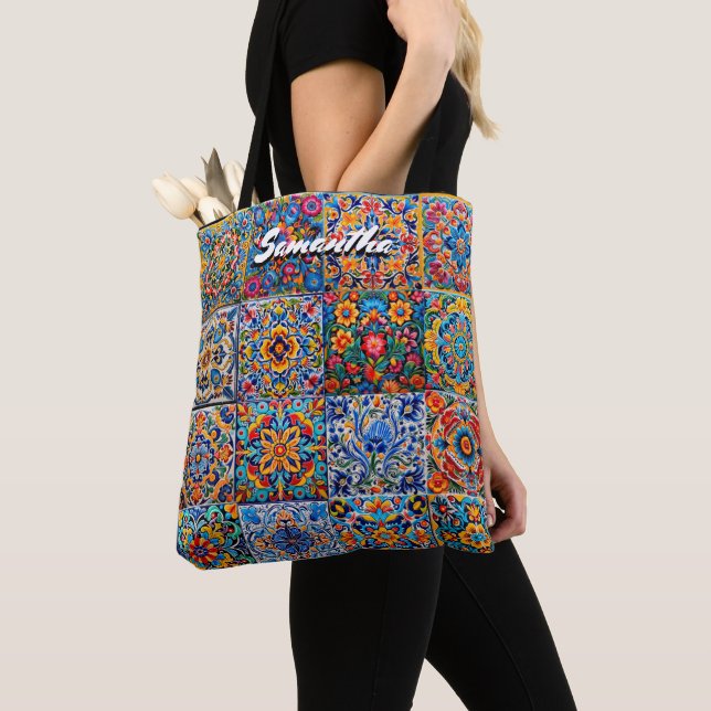 Bolso De Tela Elegante talavera mexicana azulejos amarillos rojo (Detalle)