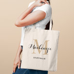 Bolso De Tela Elegante Tan Black Custom Wedding Nombre de la dam<br><div class="desc">Elegante bolsa de tocador de boda personalizada presenta un diseño de tipografía monográfica personalizada con nombre de escritura caligráfica moderna y monograma serif inicial en color blanco neutro que marrón y negro. Incluye texto personalizado para un título de la fiesta nupcial como "BRIDESMAID" u otro texto preferido.</div>