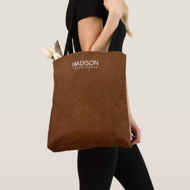 Bolso De Tela Elegante textura de cuero marrón con tu nombre (Detalle)