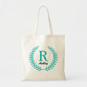 Bolso De Tela Elegante Tote de Monograma Verde azulado floral