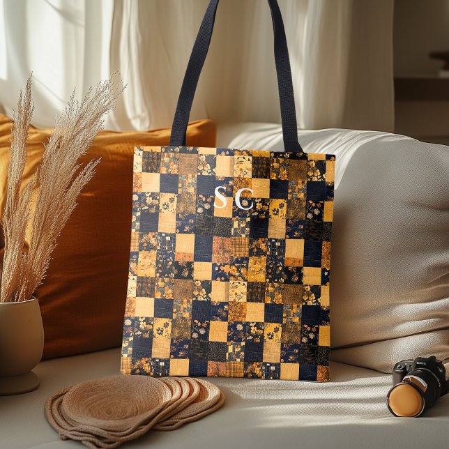 Bolso De Tela Elegante Tote de mosaico con flores azules y beige (Subido por el creador)