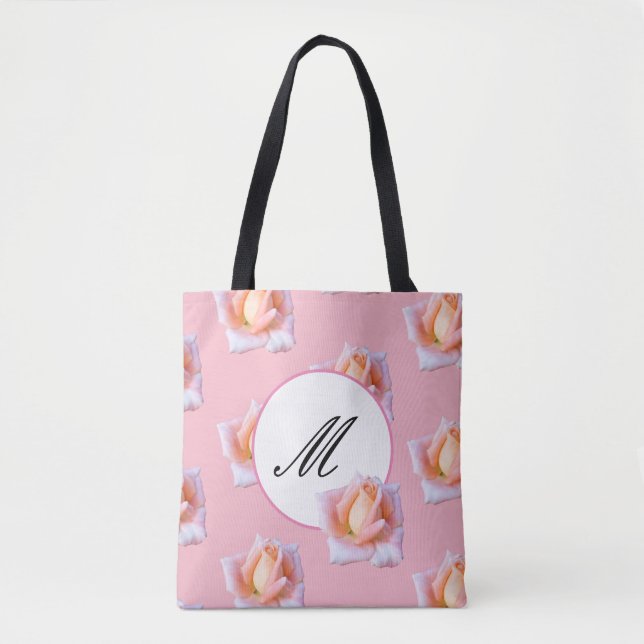 Bolso De Tela Elegante Tote monograma Flores rosa rosadas (Anverso)