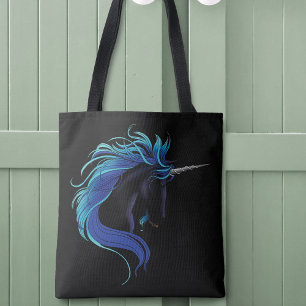 Bolso De Tela Elegante Unicornio Negro Fantasía Mágica Azul Plat