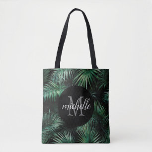 Bolso De Tela Elegante verde negro Palm Leaves Tropicales Monogr
